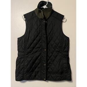 LL Bean Vest Womens Medium Black Quilted Plaid Lined Insulated Zip Snap Outdoor